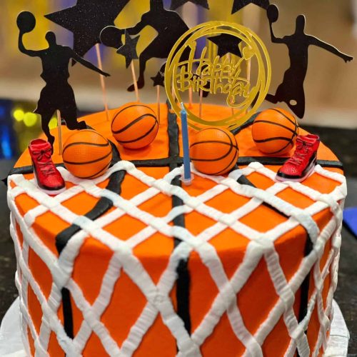 a basketball themed birthday cake with basketballs and basketball players on top